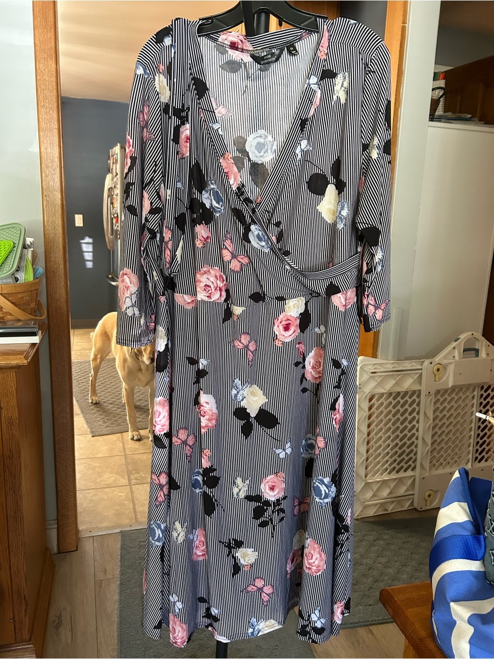 Mlle Gabrielle Black and Pink Striped Floral Wrap Midi Dress
